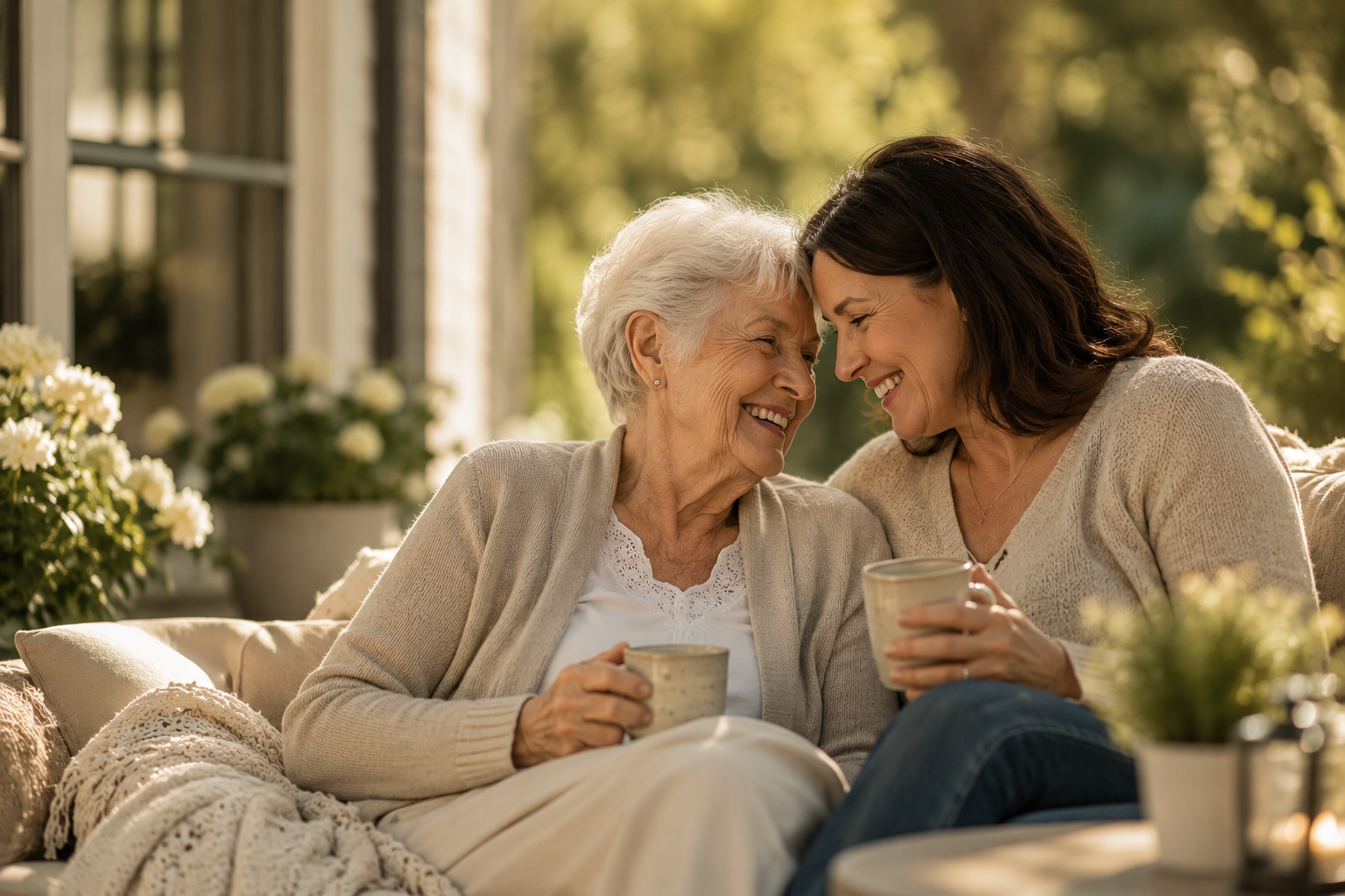 A daughter and her mother sharing coffee at home in warm light