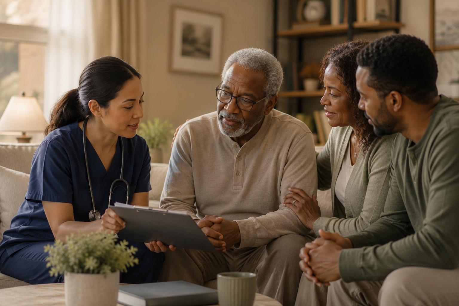 A nurse reviewing a care plan with a senior man and his family at home